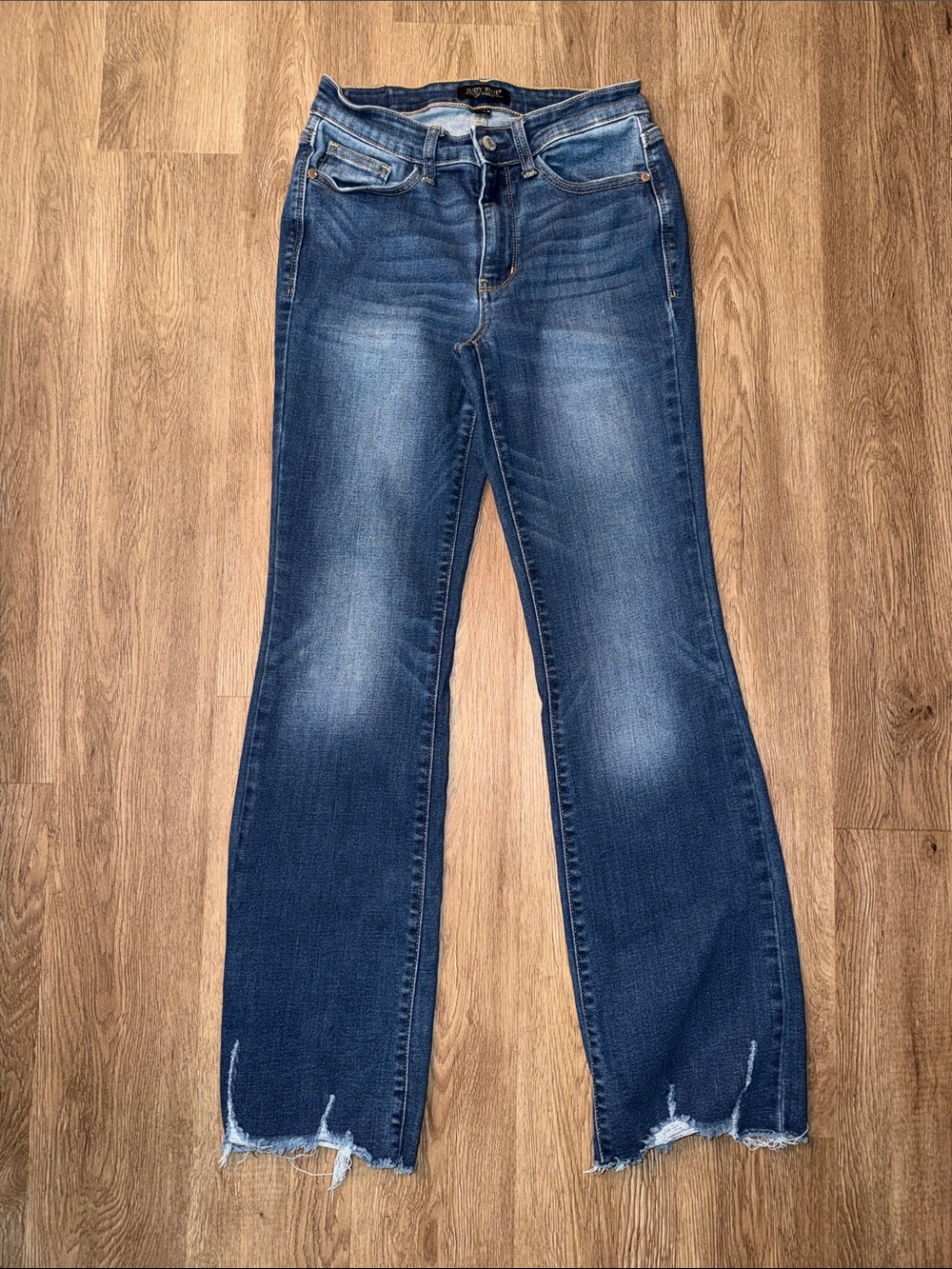 Judy Blue Mid Rise Bootcut Jeans Raw Frayed Hem Medium Wash Stretch Size 5 27